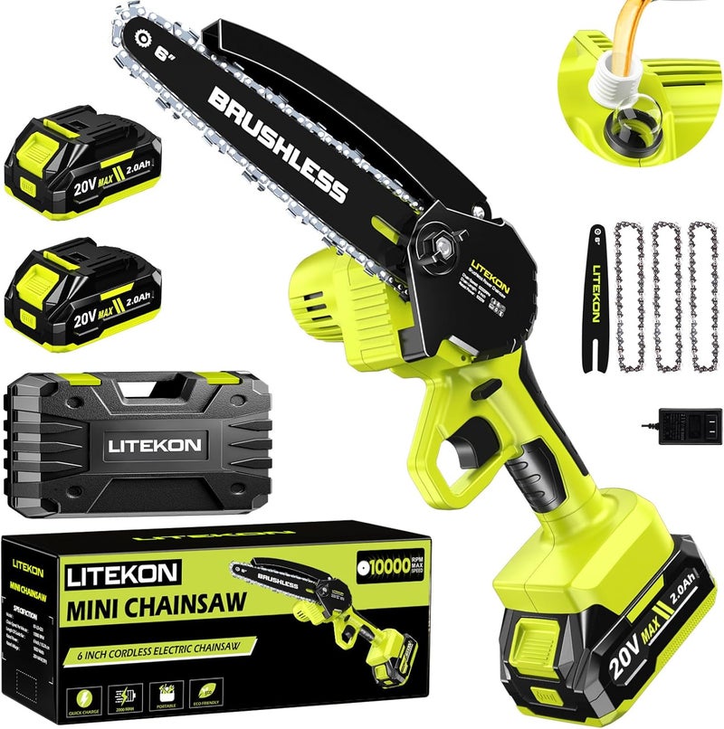 LITEKON Brushless Mini Chainsaw with 1000W High Power Motor, 36 FT/S 6Inch Cordless Power Chainsaw with Auto-Oil System, 2025 Upgraded 20V Electric Chain Saw with 2x2000mAh Battery & Quick Charger, 3 Chains - Image 1